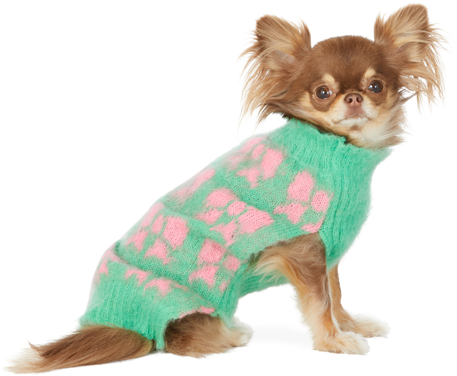 グリーン & ピンク インタルシア Bows ドッグ セーター