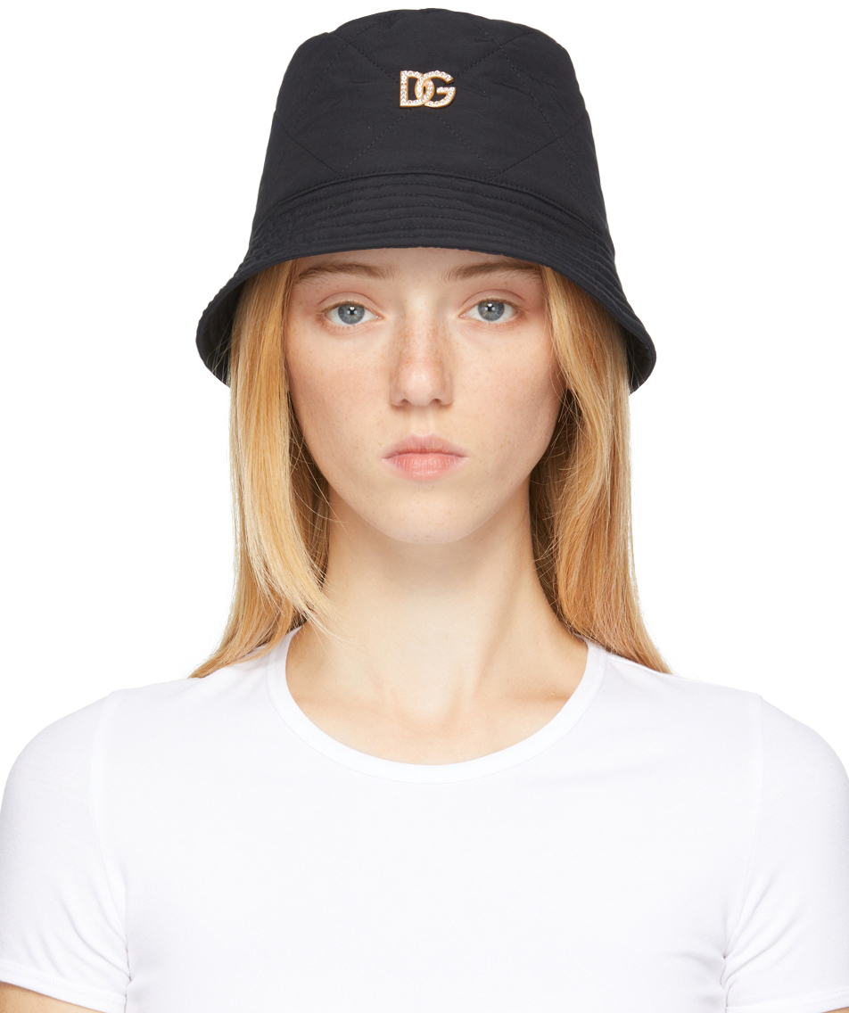 Dolce & Gabbana Black Crystal DG Nylon Bucket Hat
