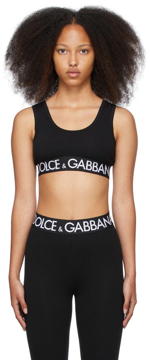 Click to view more detailed imagery on our partner's website Dolce & Gabbana Black Cotton Logo Sports Bra In N0000 Black