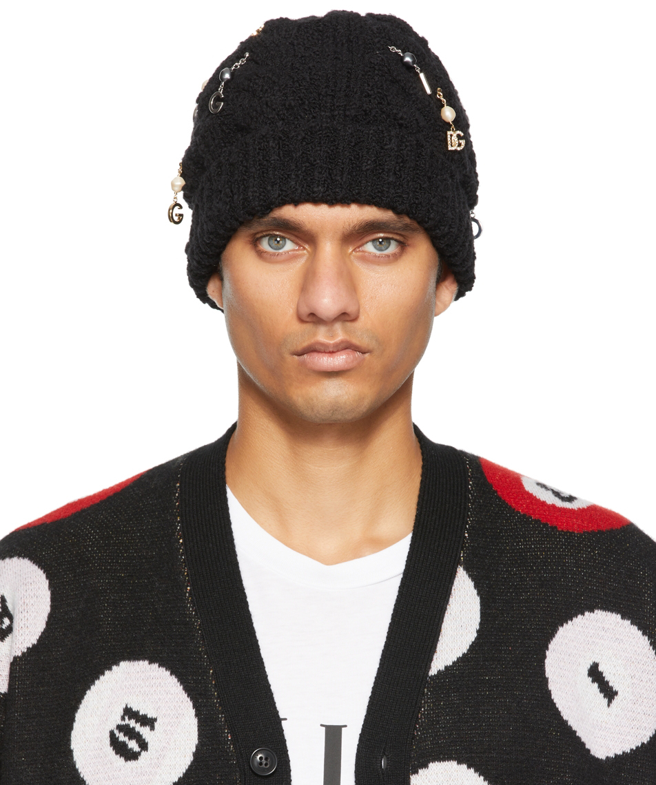 Black Pearl & Logo Charm Beanie by Dolce & Gabbana on Sale