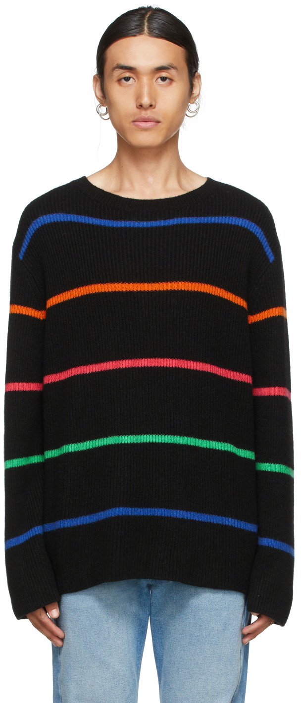 The Elder Statesman: Black Cashmere Stripe Mr. Robin Relaxed Sweater ...