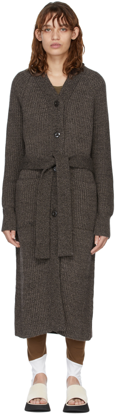 Vaara Olivia Belted Ribbed-knit Longline Cardigan In 브라운