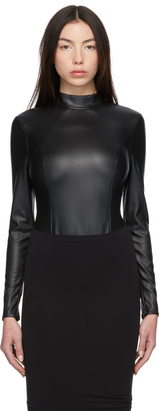 Wolford Black Amina Muaddi Edition Faux Leather Bodysuit Smart