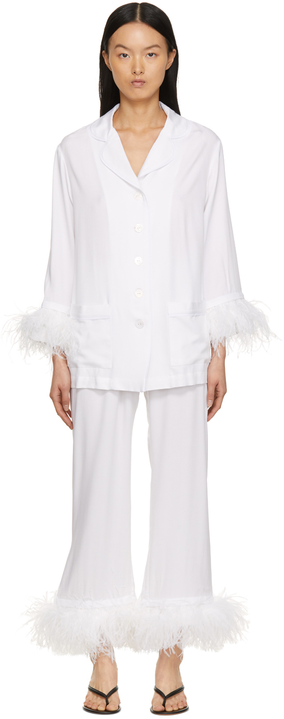 Sleeper Party Ostrich Feather-trim 2-piece Pajama Set In White