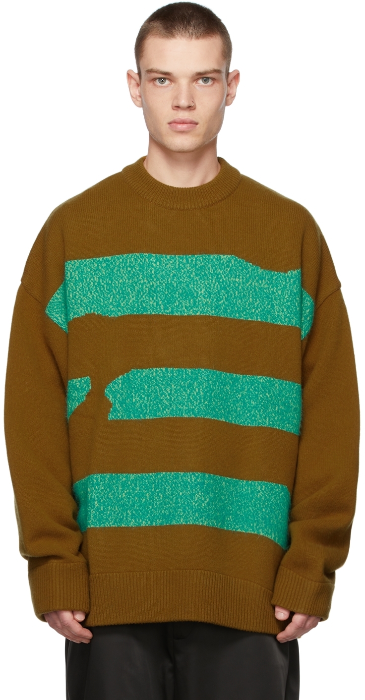 ADER error Khaki & Green Wool Striped Crewneck Sweater