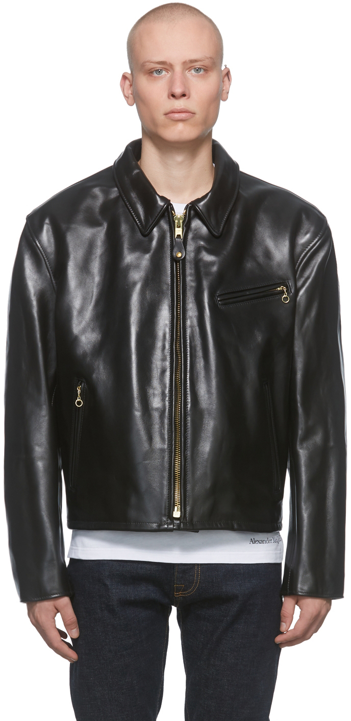 Schott: Black Retro Motorcycle Leather Jacket | SSENSE Canada