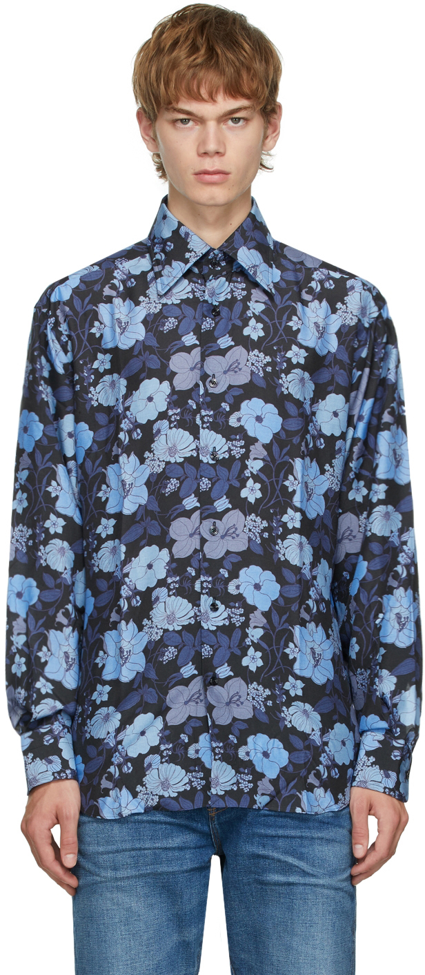 Black Lilac Print Shirt by TOM FORD on Sale