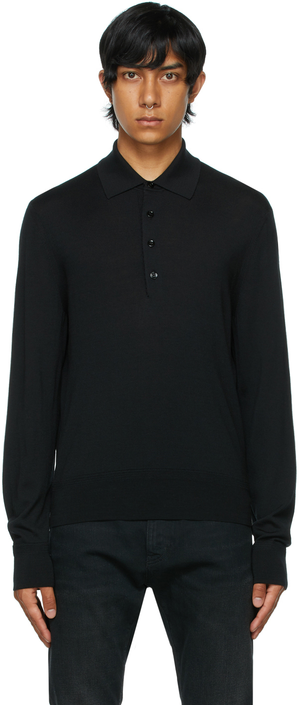 Black Fine Gauge Merino Long Sleeve Polo