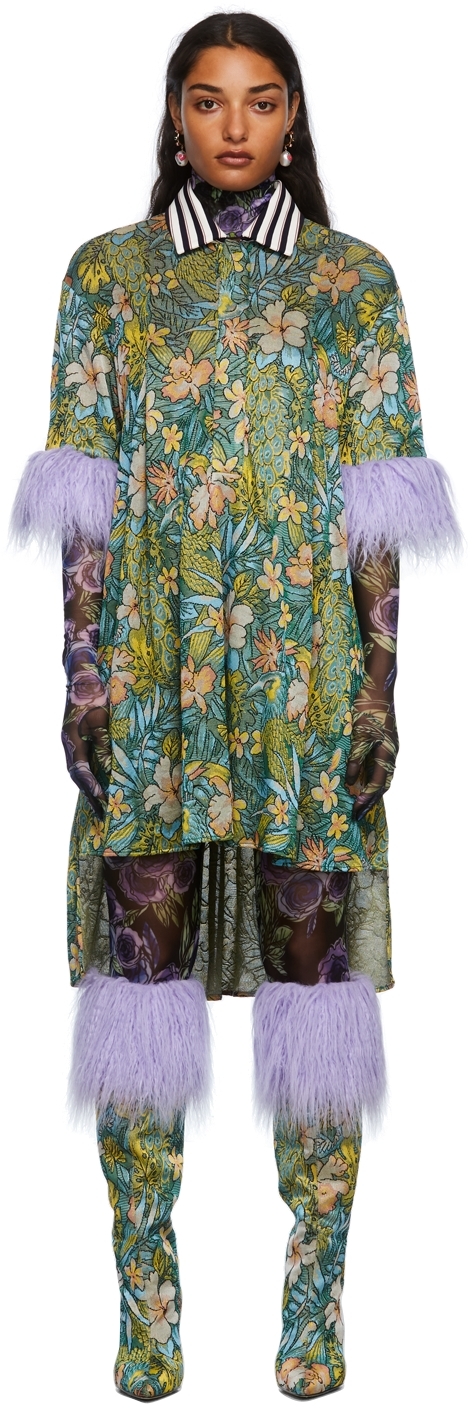 Multicolor Floral Faux-Fur Mid-Length Dress