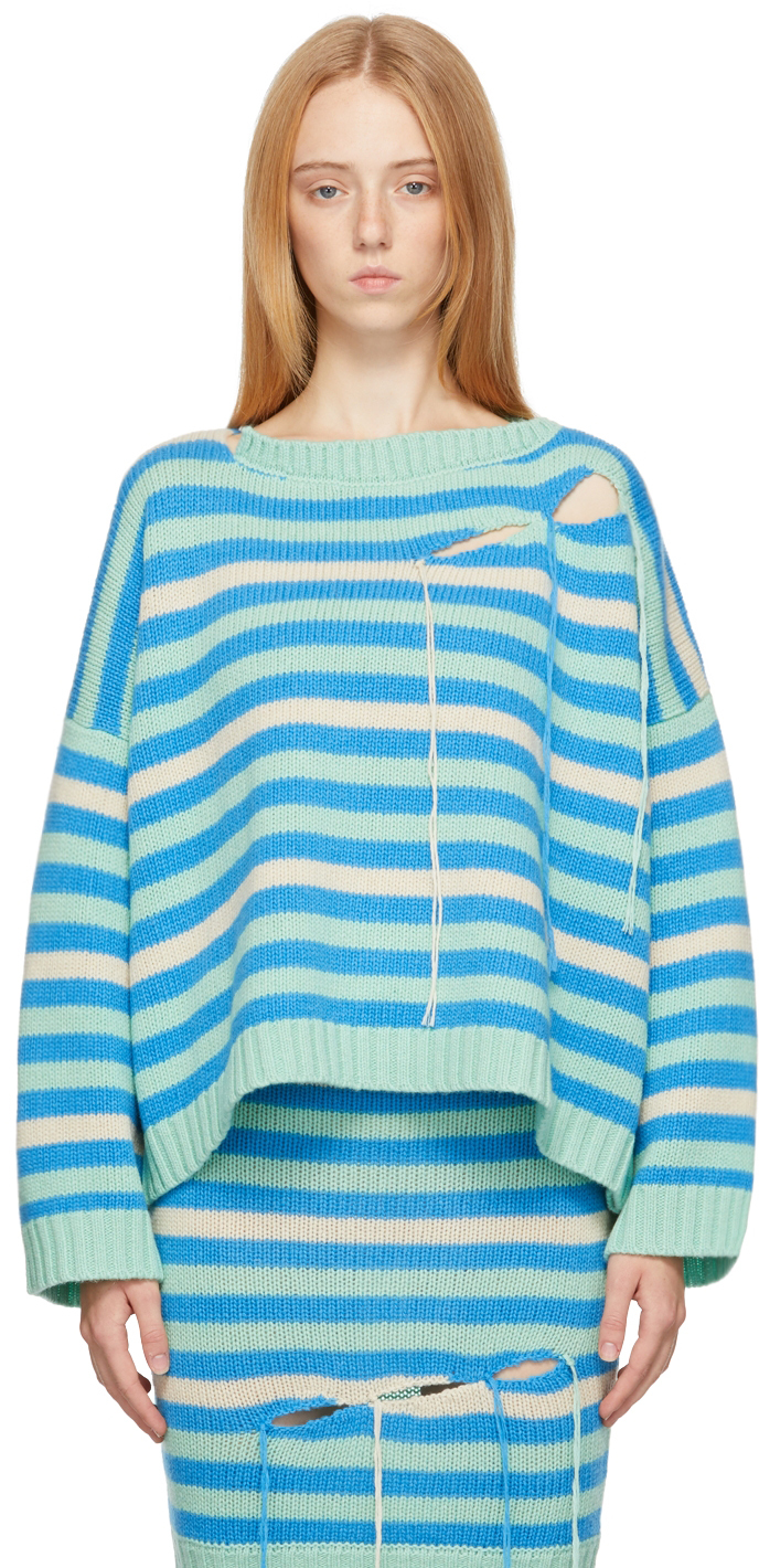 Charles Jeffrey Loverboy: Green & Blue Stripe Slash Sweater | SSENSE