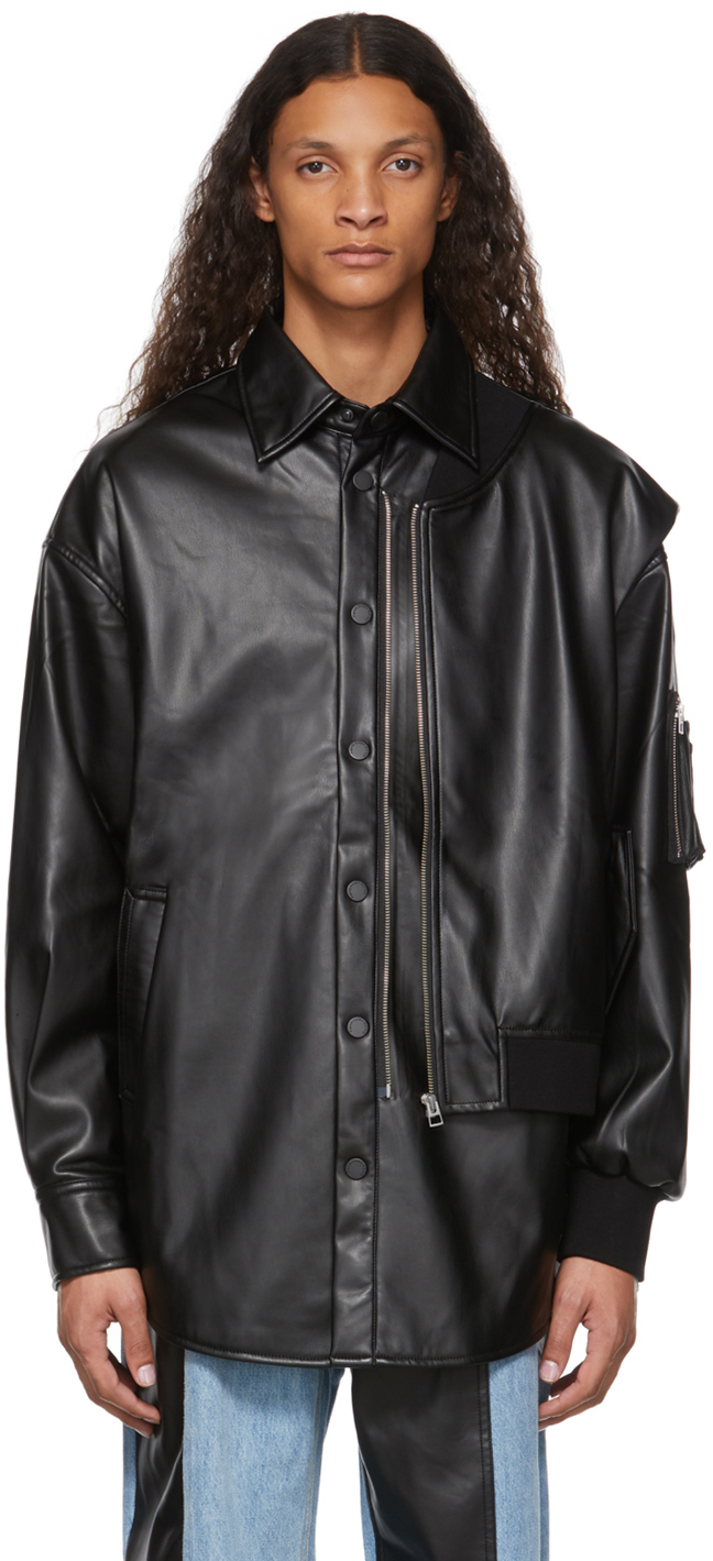 Feng Chen Wang: Black Faux-Leather Deconstructed Jacket | SSENSE