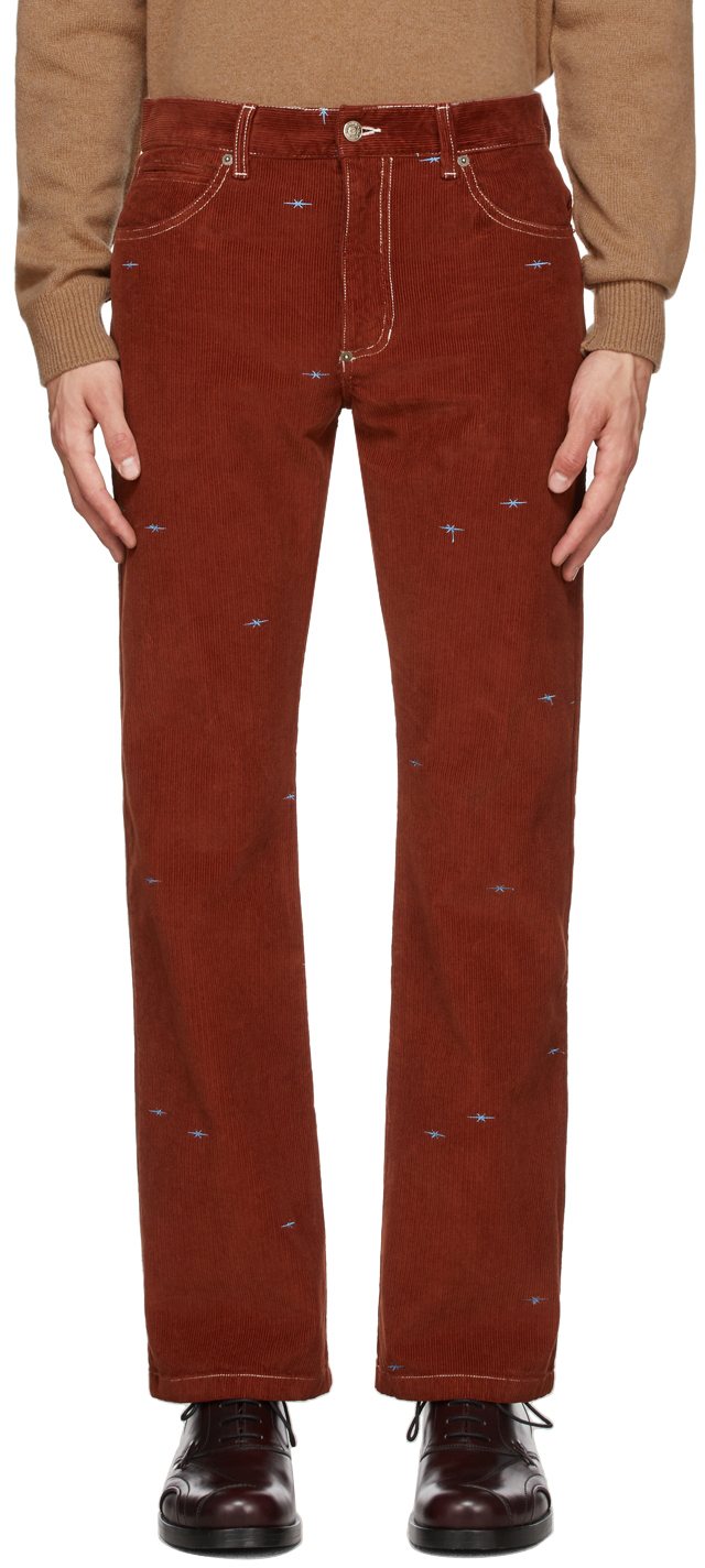 Red Corduroy Straight-Leg Trousers by 