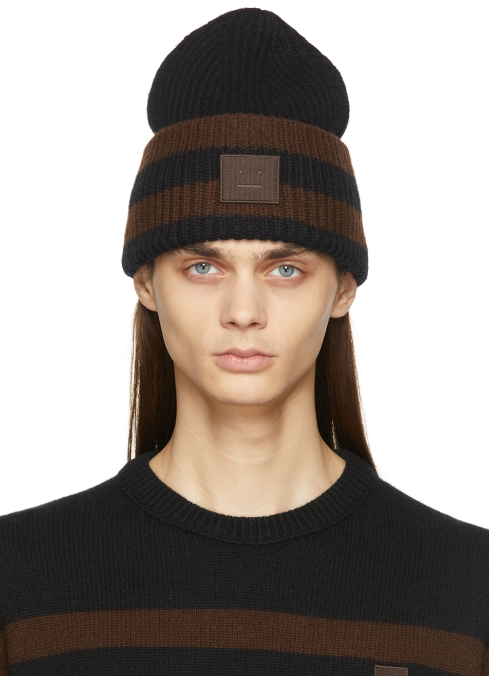 Black \u0026 Brown Striped Logo Beanie by 