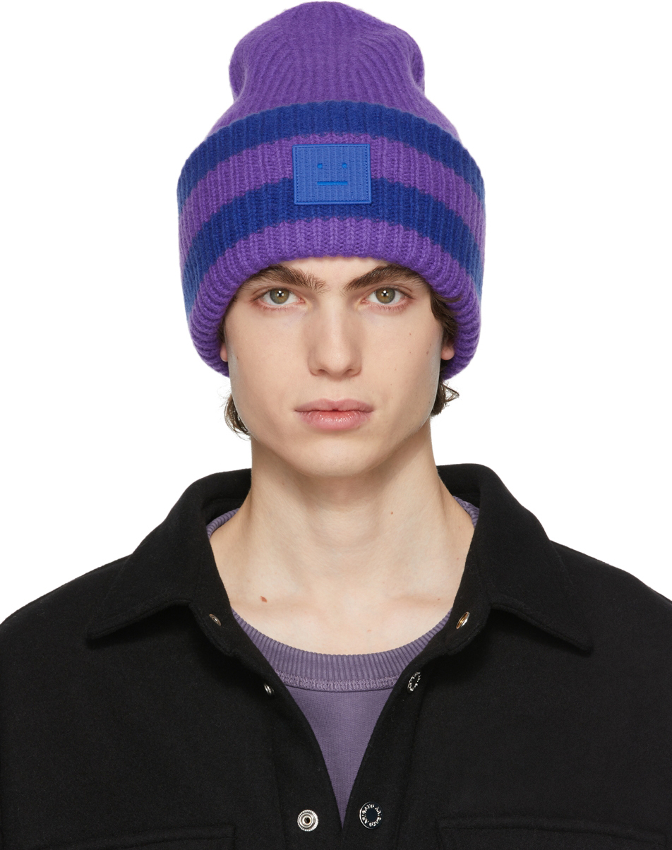 Blue & Purple Striped Logo Beanie SSENSE Men Accessories Headwear Beanies 