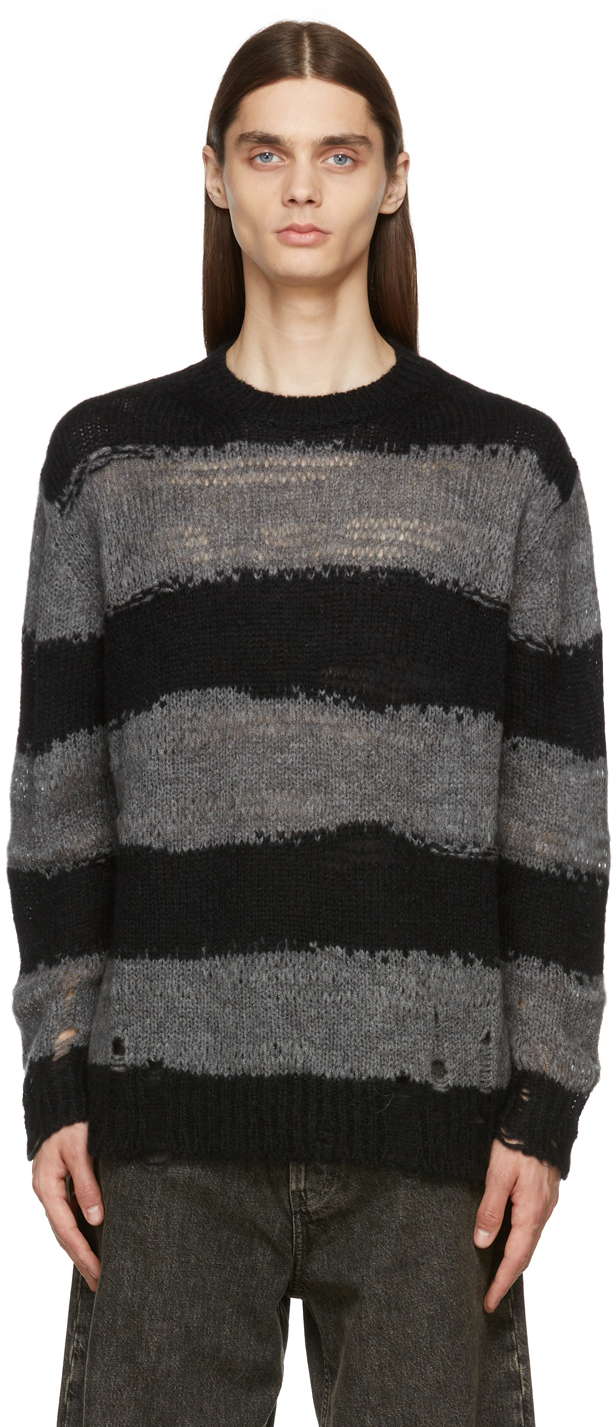 Acne Studios: Black & Grey Stripe Distressed Sweater | SSENSE