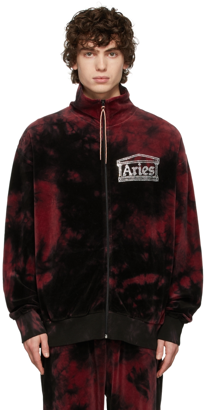 Aries Red Tie-Dye Rhinestone Temple Velour Zip Through | Smart Closet