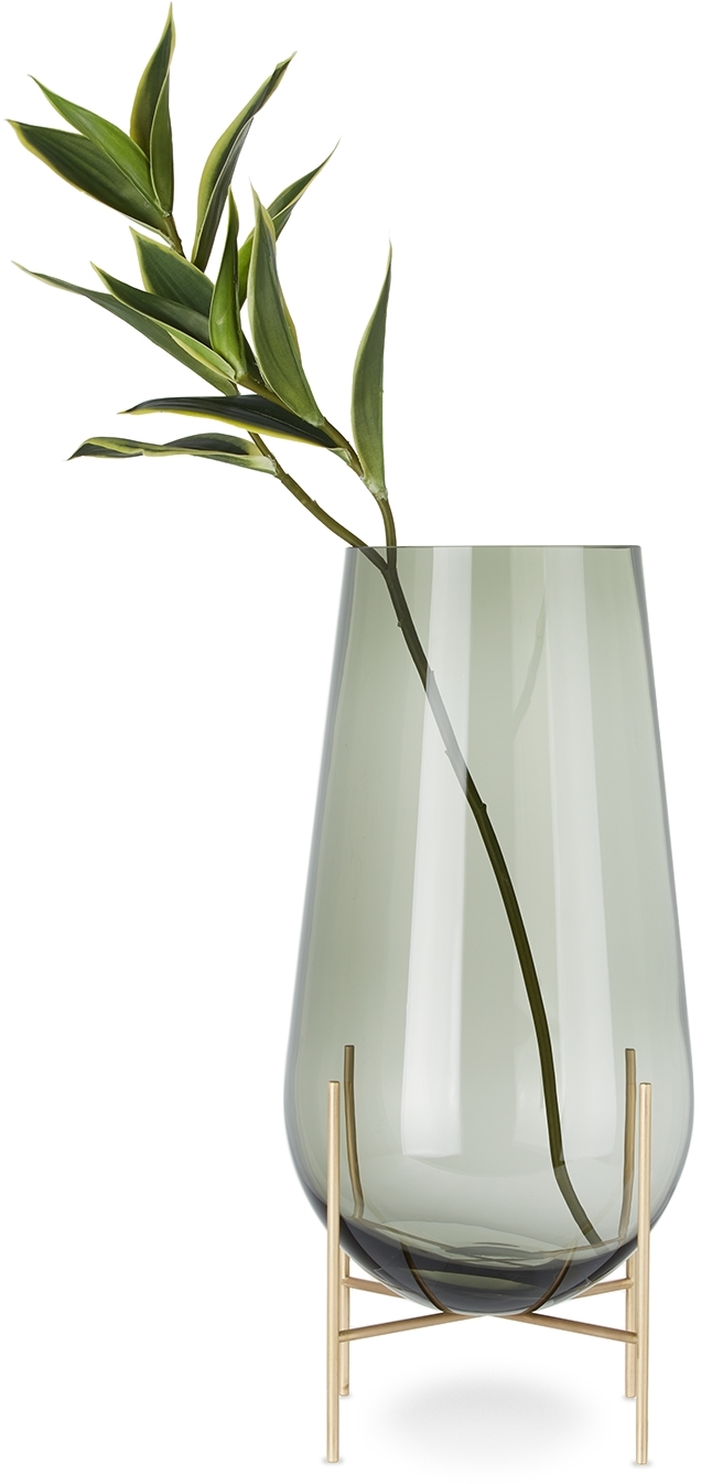 Menu Smoke Glass & Brass Medium Échasse Vase In Smoke Glass / Brushe