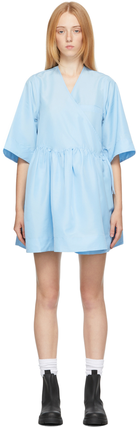 Blue Oversized Wrap Mini Dress by GANNI ...