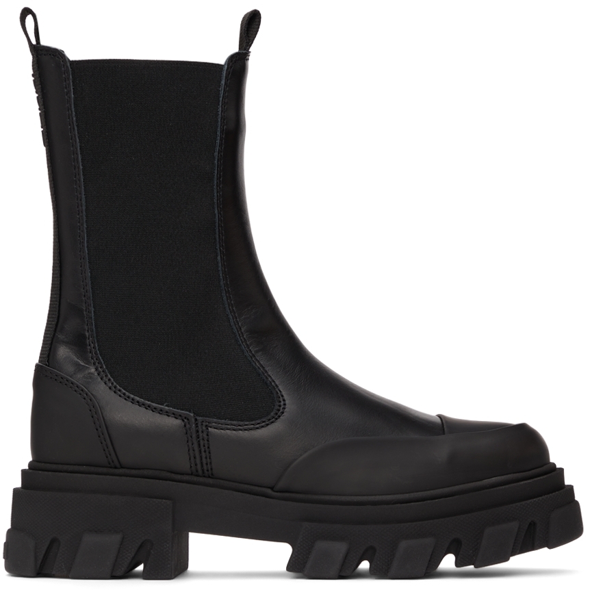 GANNI: Black Leather Mid-Calf Boots | SSENSE Canada