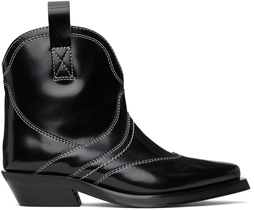 GANNI Black Polished Western Ankle Boots