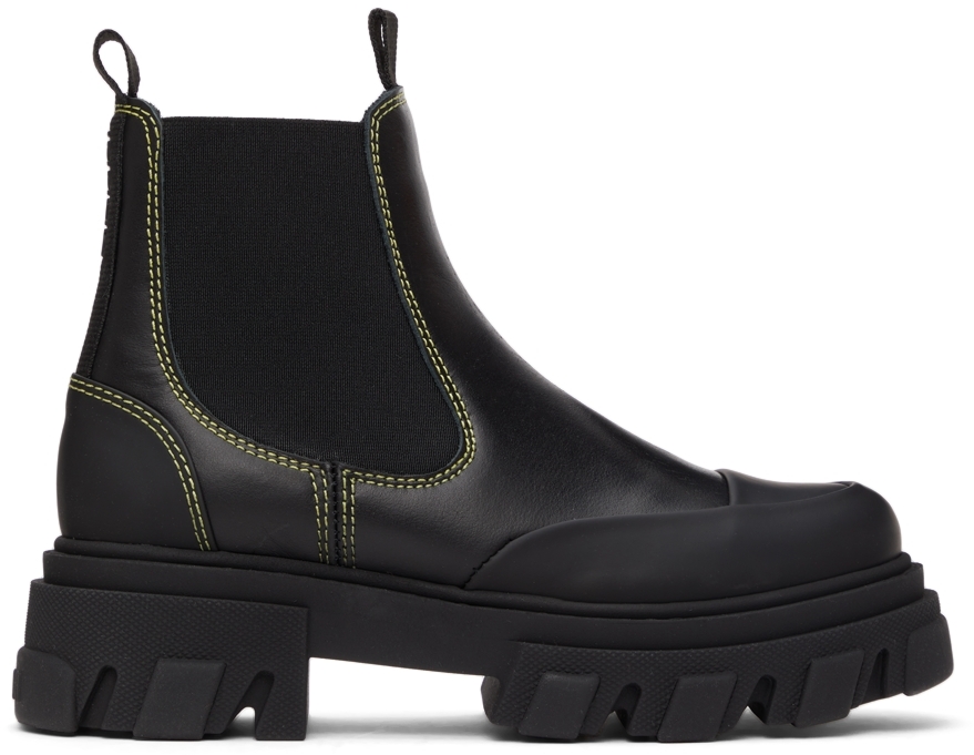 GANNI Black Contrast Stitch Leather Ankle Boots