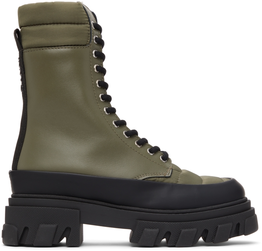 GANNI Khaki Leather & Tech Combat Boots