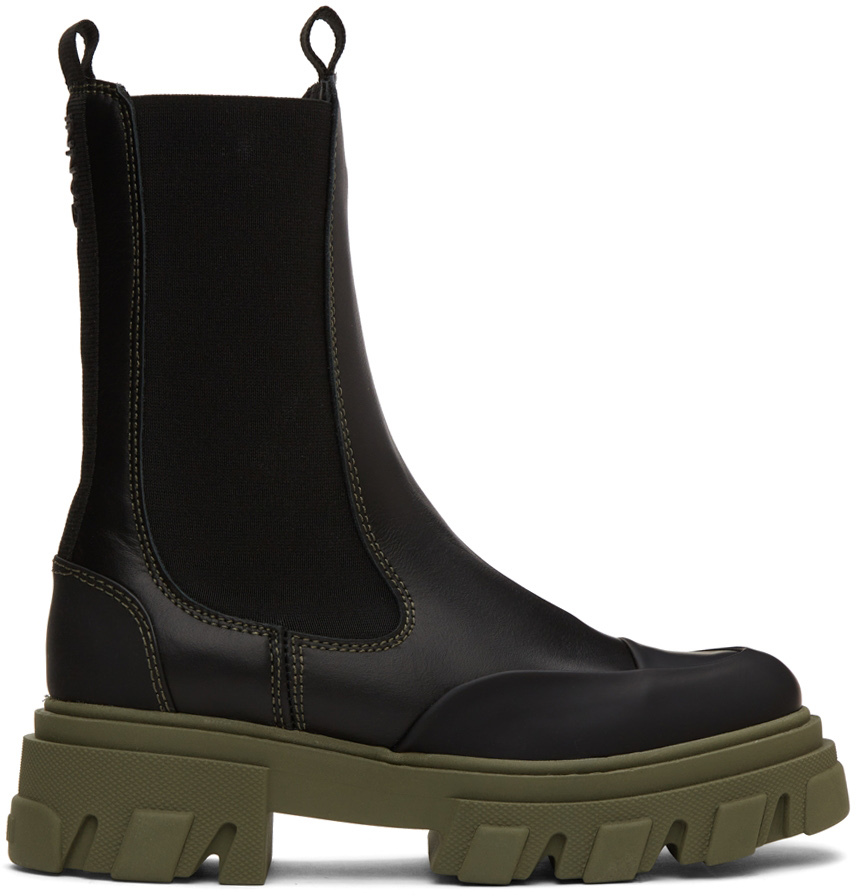 GANNI Black & Green Leather Chelsea Boots