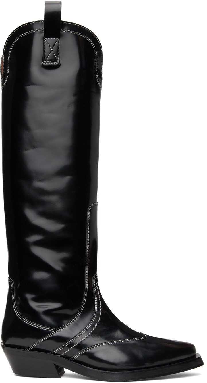 GANNI Black Polished Western Tall Boots