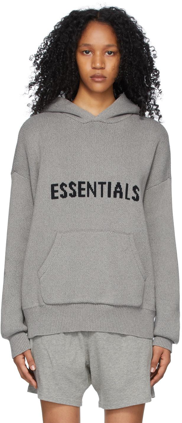 Essentials: Grey Pullover Logo Hoodie | SSENSE