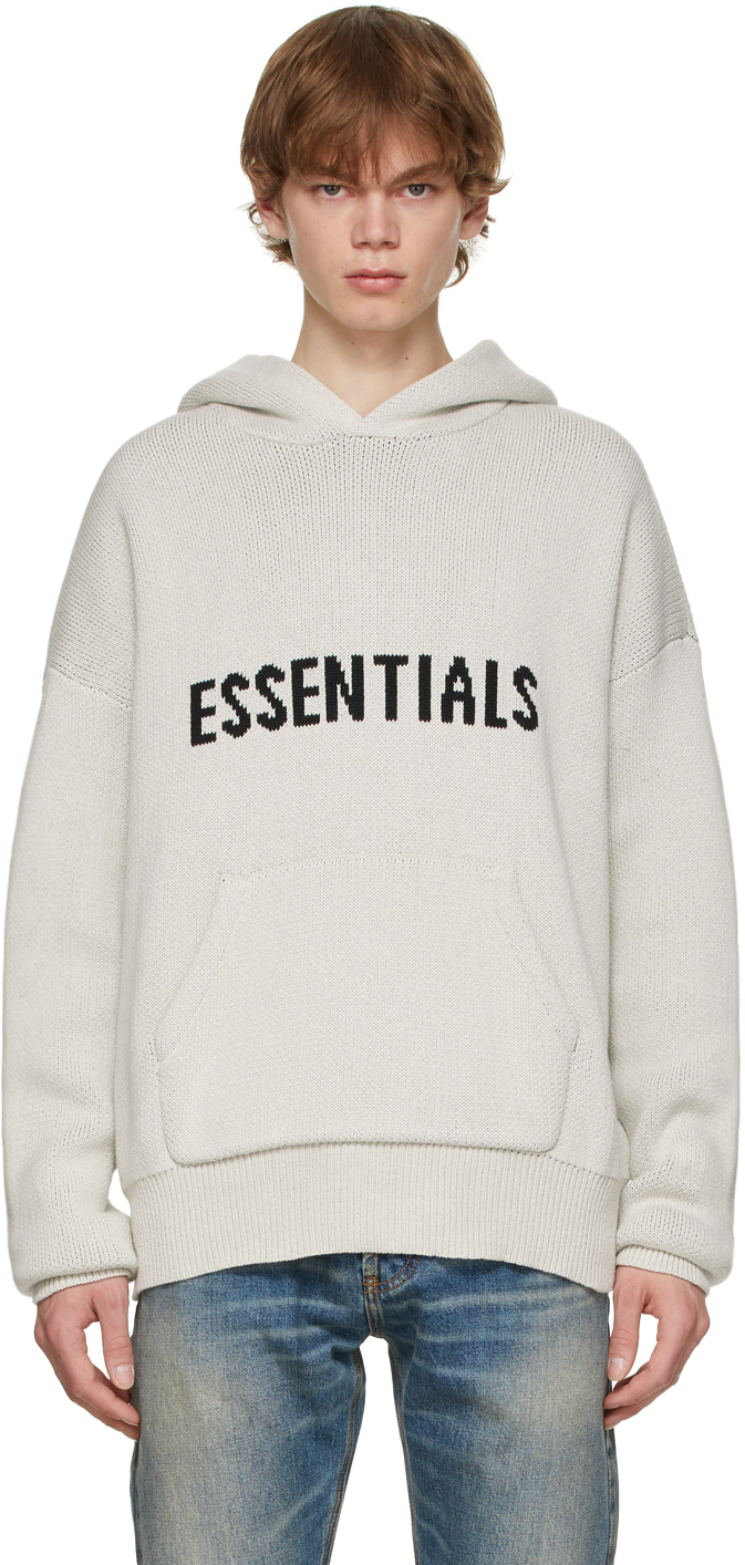 Essentials: Grey Knit Logo Hoodie | SSENSE
