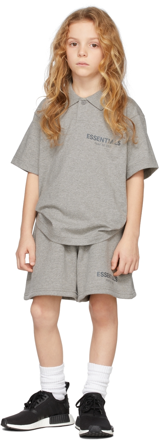 Essentials Kids Grey Jersey Polo In Heather Oatmeal