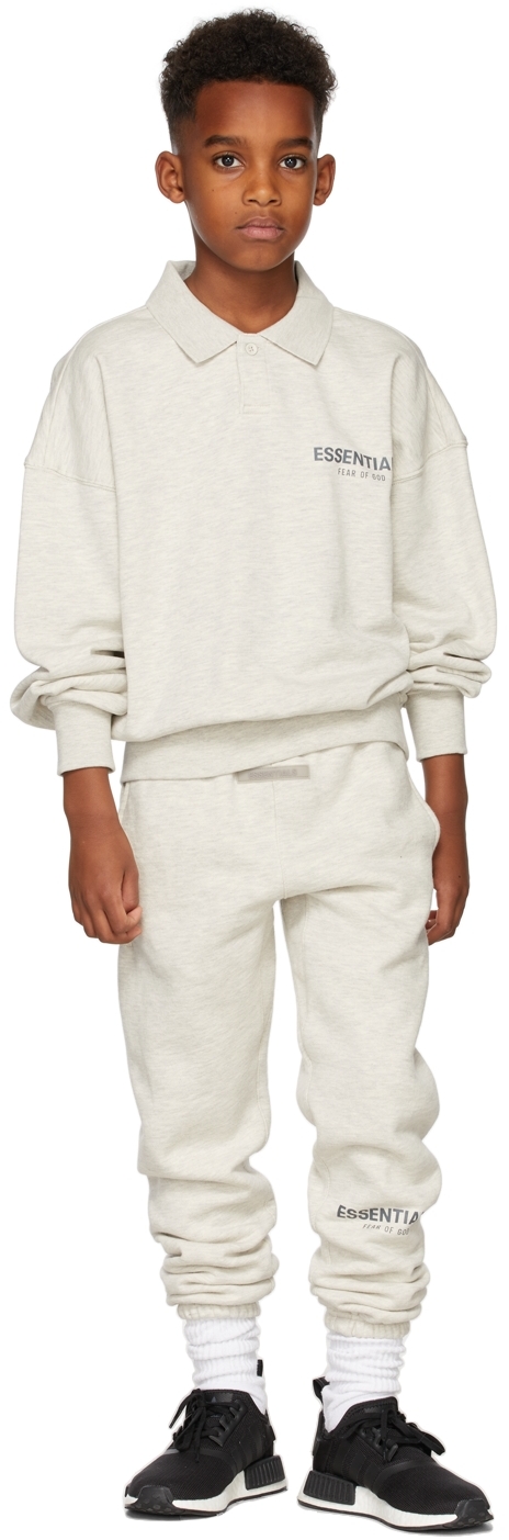 Essentials Kids Off-white French Terry Long Sleeve Polo In Oatmeal