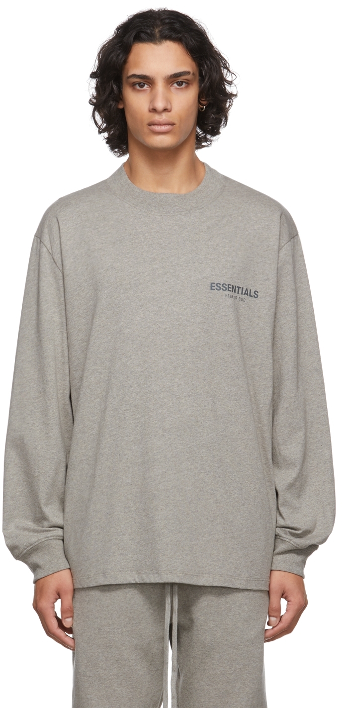 Essentials: Grey Logo Long Sleeve T-Shirt | SSENSE