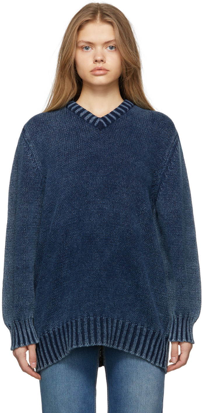 Maison Margiela Blue Knit V-Neck Sweater