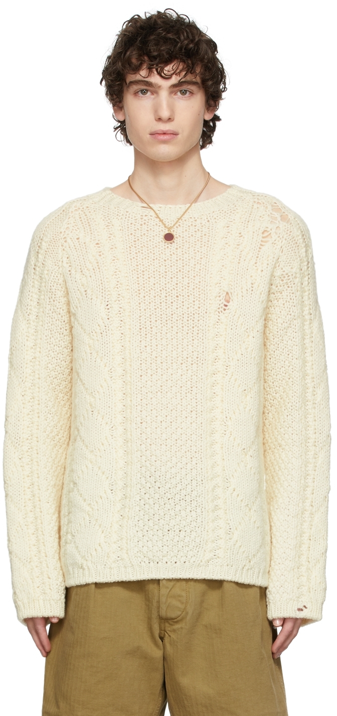 Maison Margiela Off-White Wool Cable Knit Crewneck Sweater