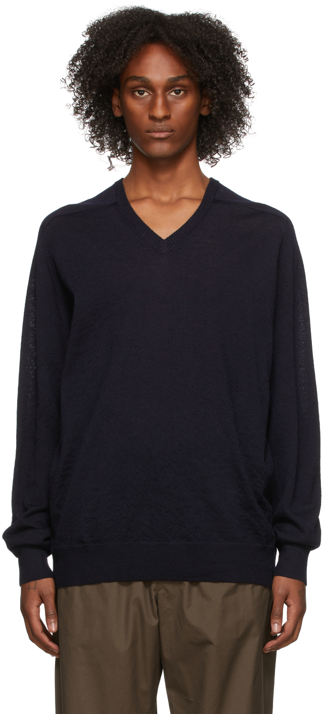 Maison Margiela Navy Wool Suede Elbow Patch V-Neck Sweater