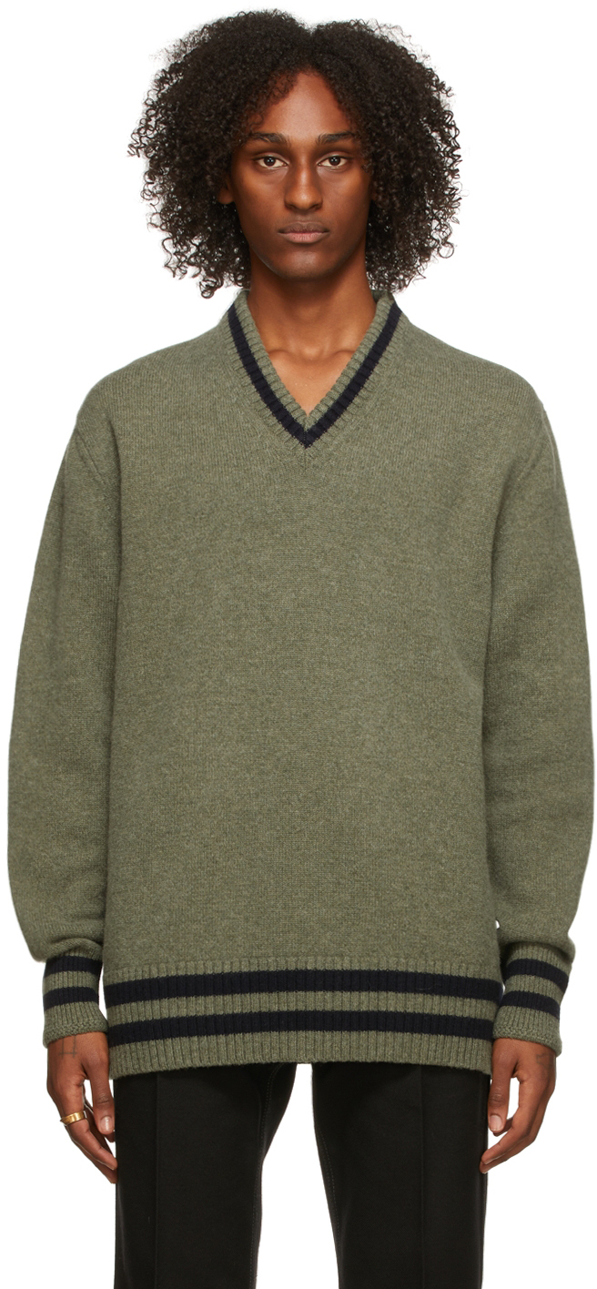 Maison Margiela Green & Navy V-Neck Sweater