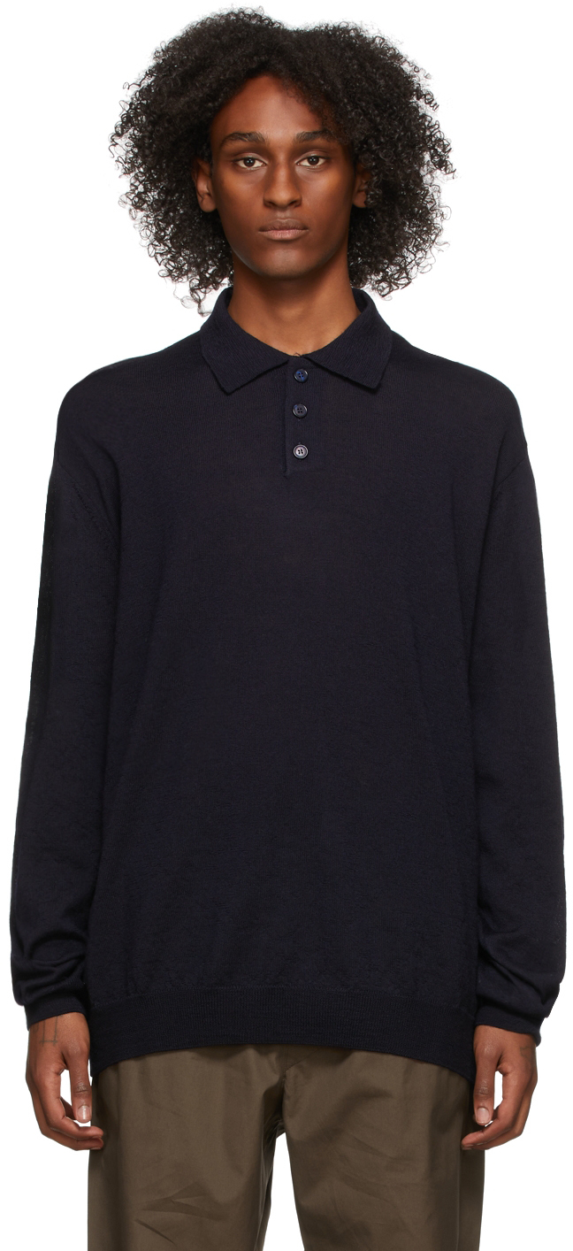 Maison Margiela Navy Wool Elbow Patch Polo