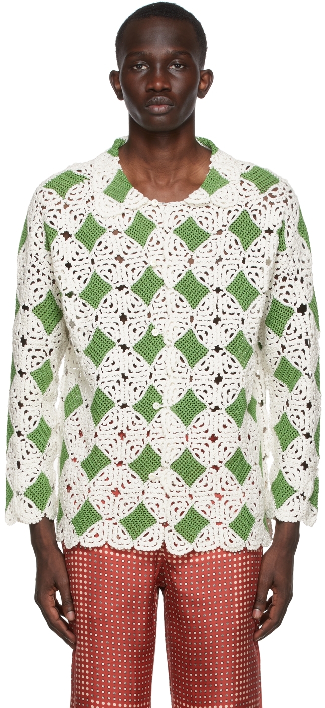 Bode: SSENSE Exclusive White & Green Crochet Diamond Overshirt | SSENSE
