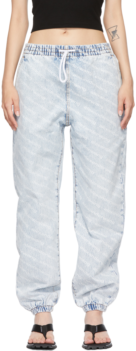 Alexander Wang Blue & White Logo Print Jogger Jeans