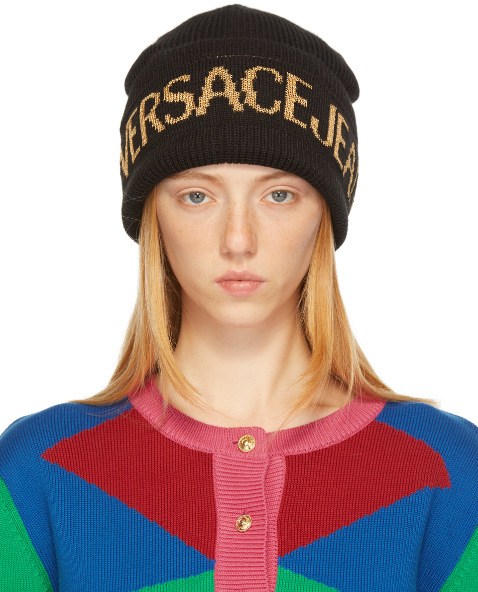 Versace Jeans Couture Black Wool Logo Beanie