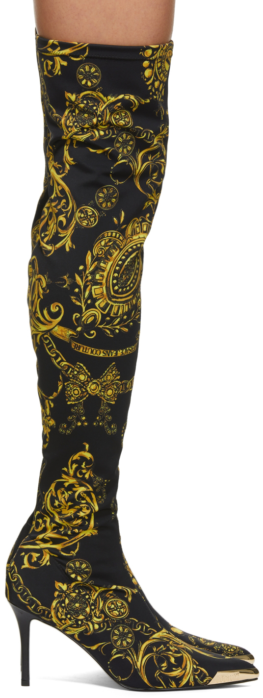 Versace Jeans Couture Black Scarlett Regalia Baroque Print Over-The-Knee Boots