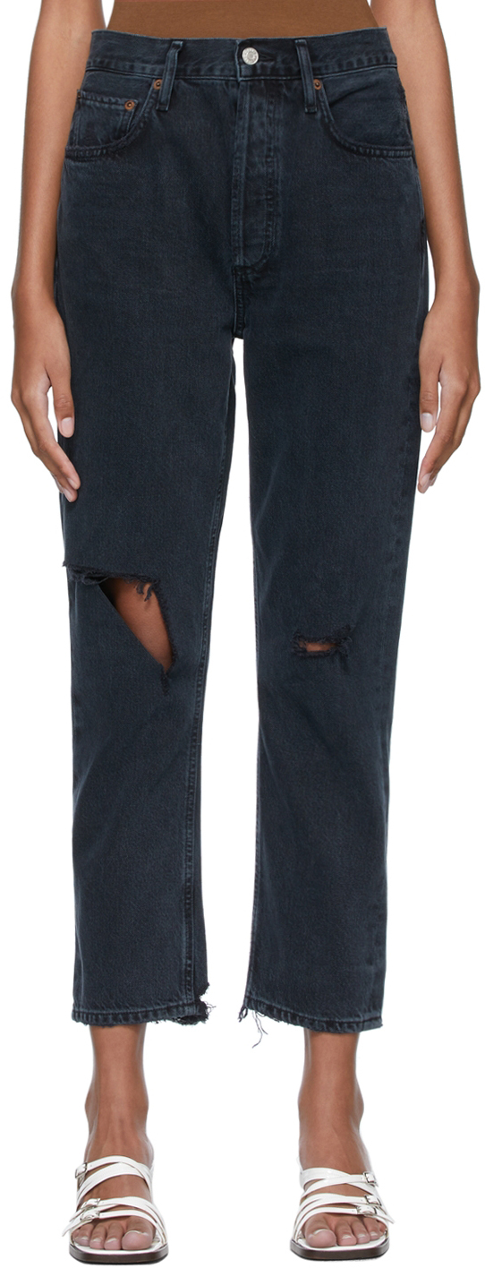 AGOLDE Black Riley High Rise Straight Crop Jeans