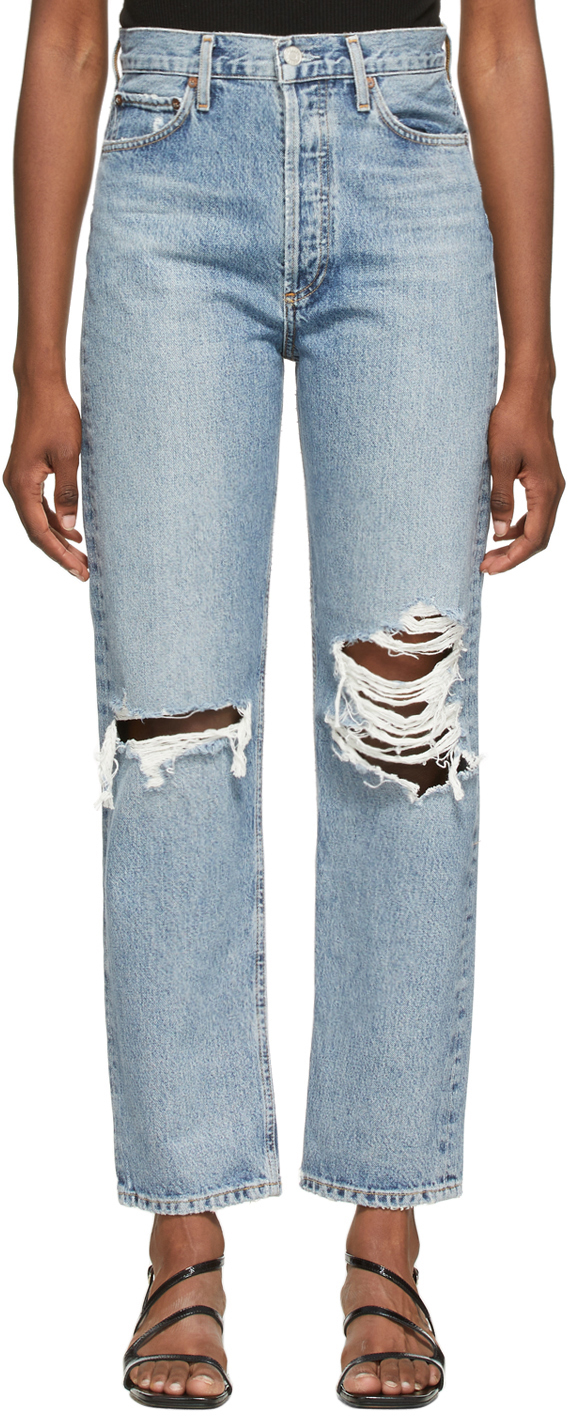 Blue Ripped '90s Pinch Waist High Rise Jeans