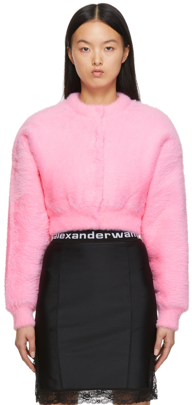 alexanderwang.t Pink Faux-Fur Long Sleeve Lined Cardigan