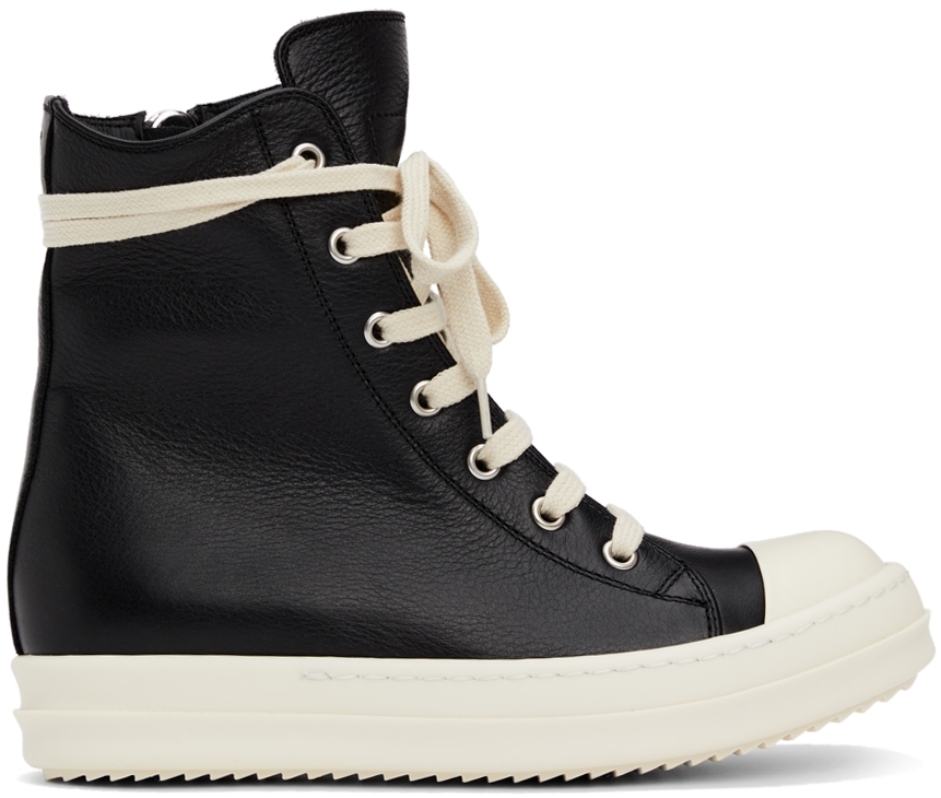 Rick Owens Black Grained Leather Sneakers