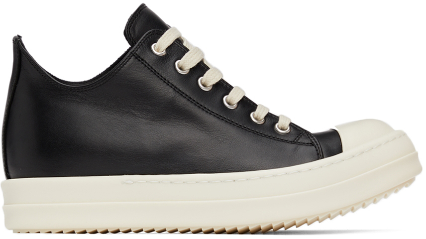 Rick Owens Black Grained Leather Low Sneakers
