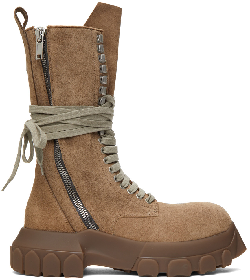 Rick Owens Taupe Lace-Up Tractor Boots | Smart Closet
