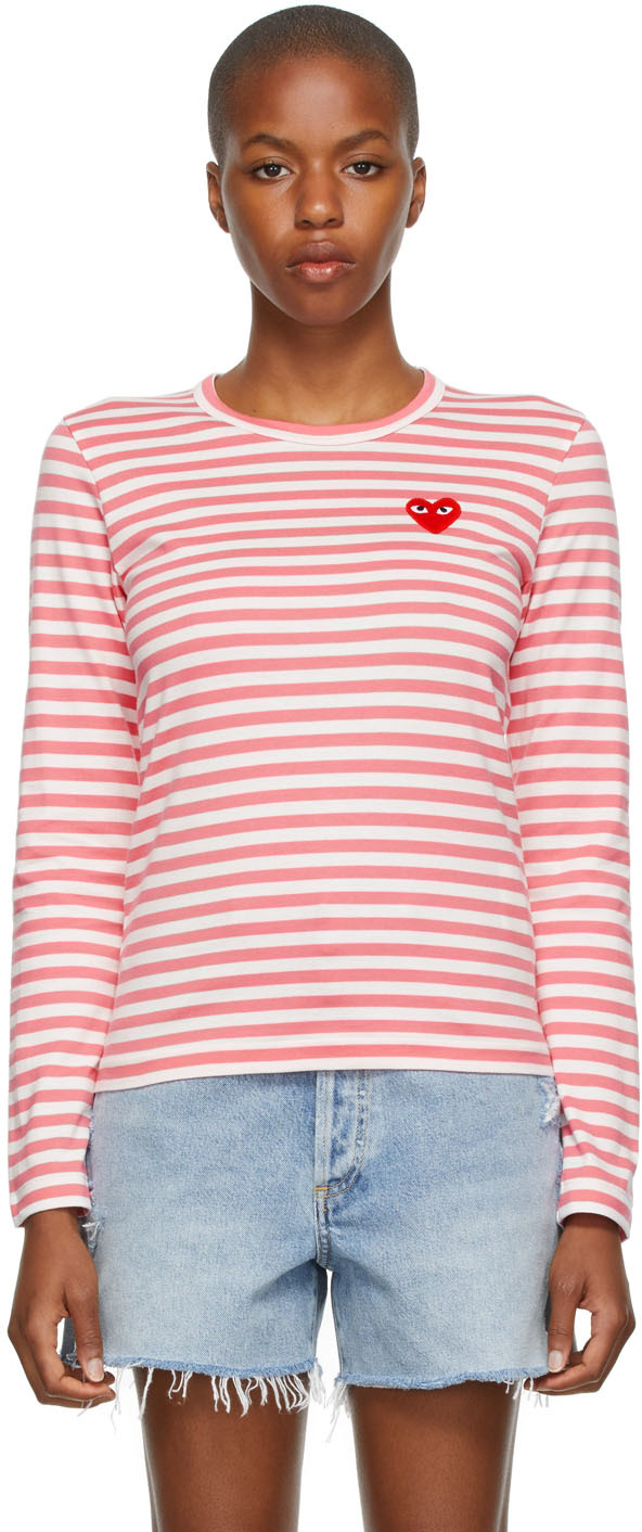 Comme des Garçons Play Striped Heart Patch Long Sleeve T-Shirt