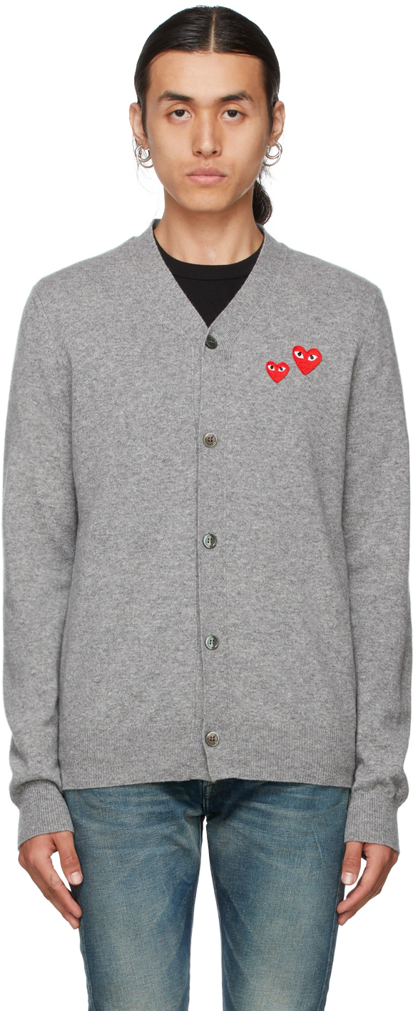 Comme Play: Grey Double Heart Patch V-Neck Cardigan |